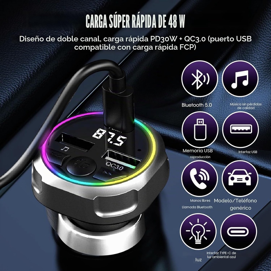 Bluetooth 5 Car FM Transmitter, USB C PD 30W + QC3.0 48W Fast Car Charger, Parrot Hands-Free Receiver, MP3 Audio Adapter, for Mobile Phone/USB Flash Drives, Plug and Pla product thumbnail 4
