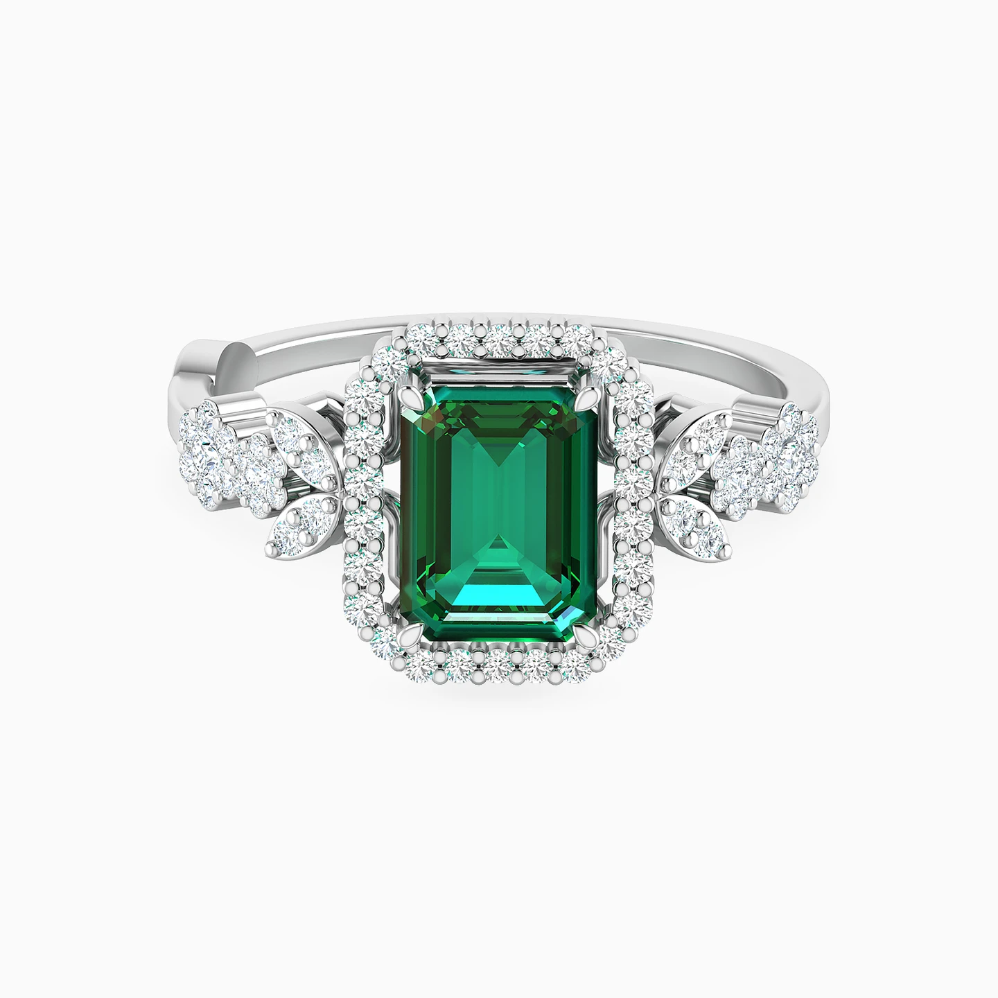 Rectangle Diamond & Green Stones Ring in 18K Gold
