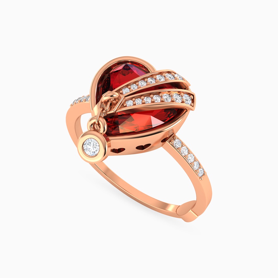 Heart Red Stone & Diamonds Ring in 18K Gold