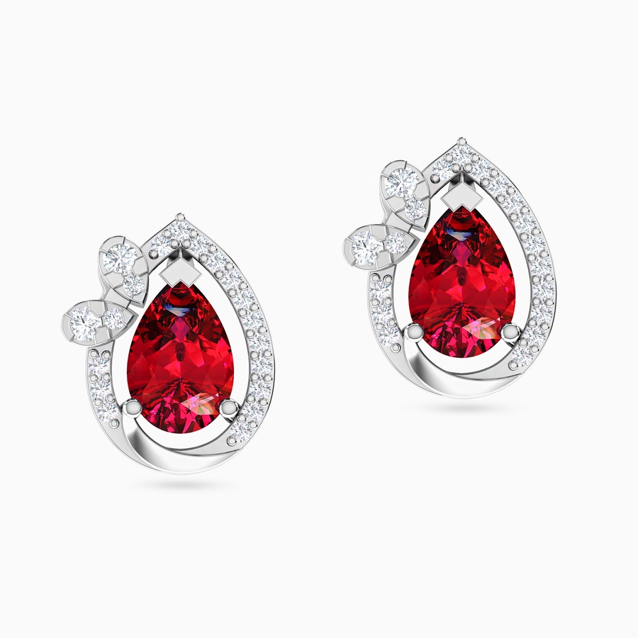 Pear Diamond & Red Stone Stud Earrings in 18K Gold