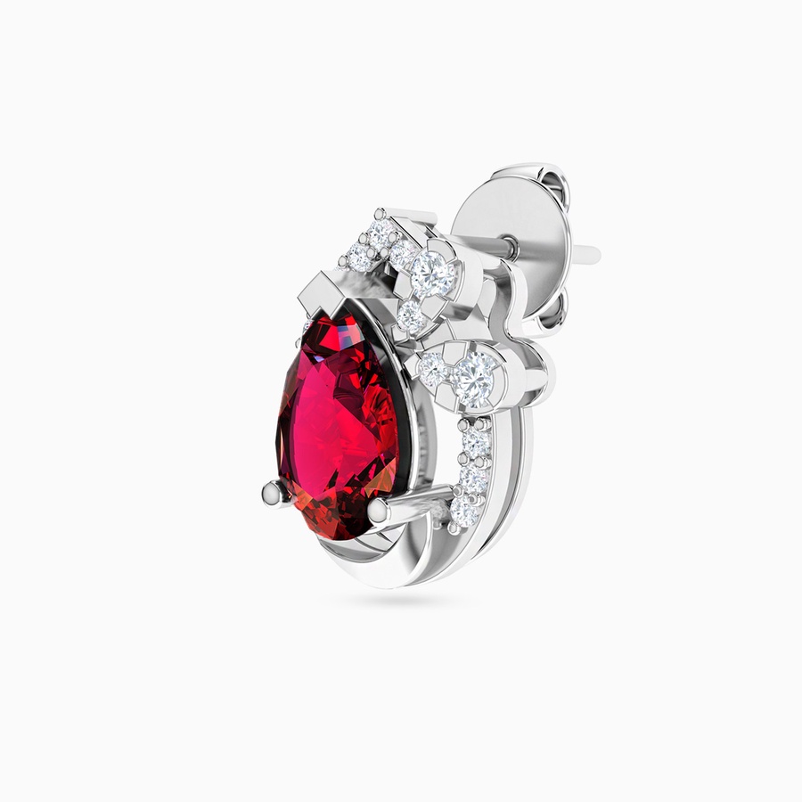 Pear Diamond & Red Stone Stud Earrings in 18K Gold