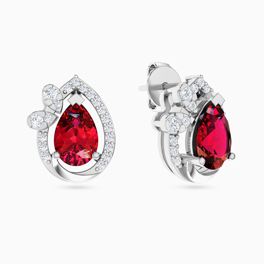 Pear Diamond & Red Stone Stud Earrings in 18K Gold