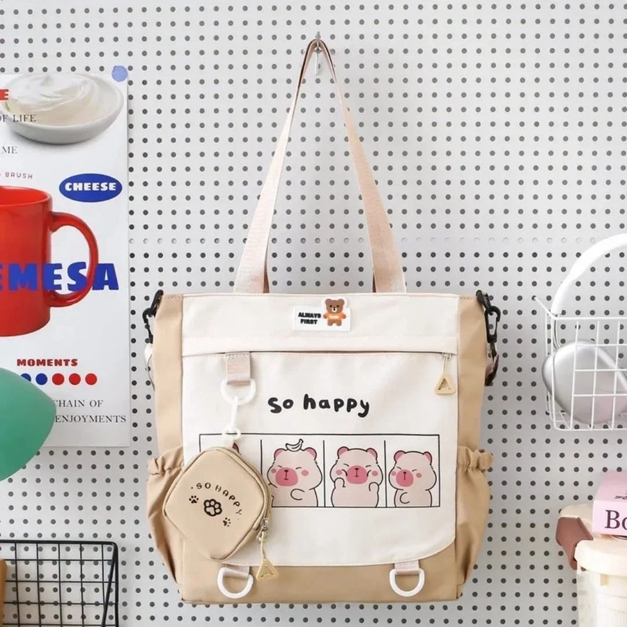 شنطة توت وكروس كاجوال بناتي (Tote Bag) بطبعة كيوت ومحفظة صغيرة | Demand & Beyond