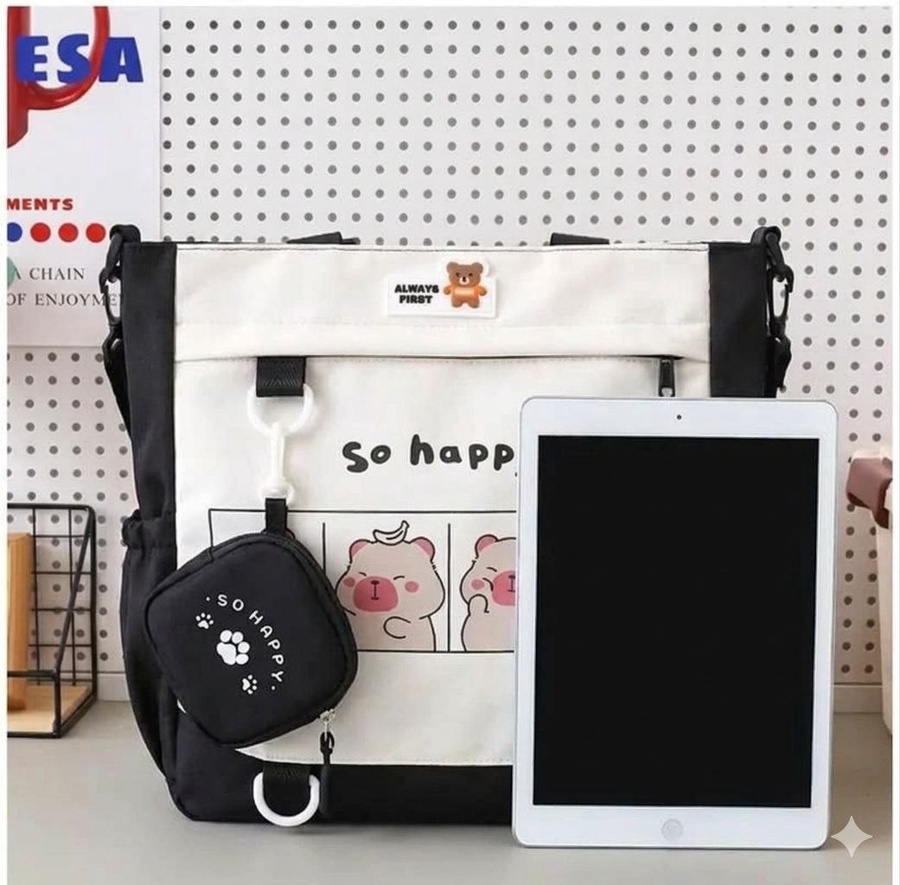 شنطة توت وكروس كاجوال بناتي (Tote Bag) بطبعة كيوت ومحفظة صغيرة | Demand & Beyond