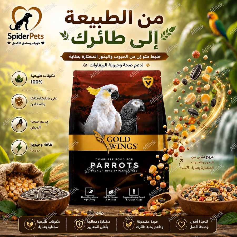 غذاء Gold Wings للببغاوات – مزيج غني للحيوية والريش اللامع
