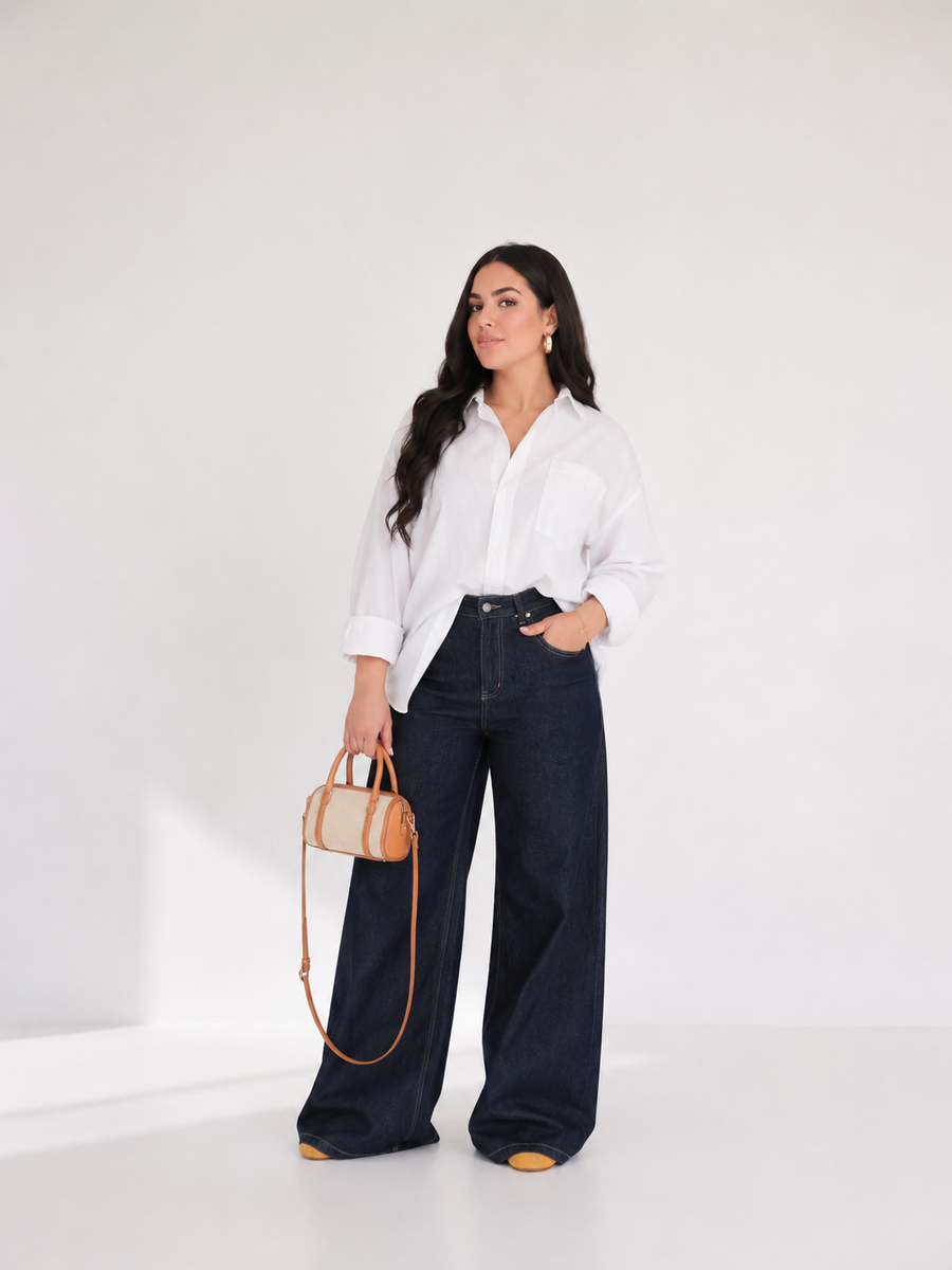 Wide Leg Jeans for Women – Navy Blue High Waist Denim | BLUECUT