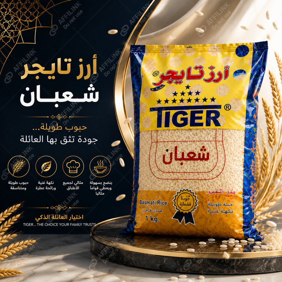 أرز تايجر شعبان البسمتي الفاخر – حبوب طويلة ونكهة أصيلة ترفع مستوى كل وجبة