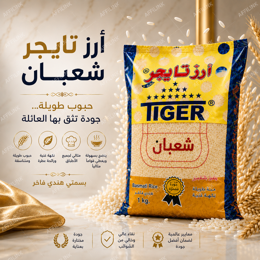 أرز تايجر شعبان البسمتي الفاخر – حبوب طويلة ونكهة أصيلة ترفع مستوى كل وجبة
