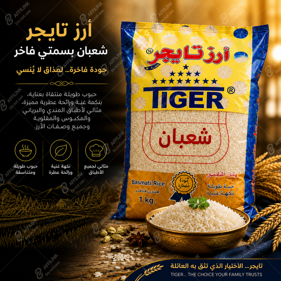 أرز تايجر شعبان البسمتي الفاخر – حبوب طويلة ونكهة أصيلة ترفع مستوى كل وجبة