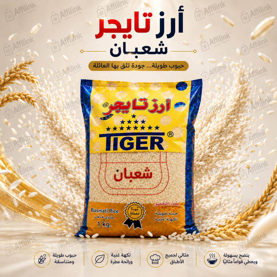 أرز تايجر شعبان البسمتي الفاخر – حبوب طويلة ونكهة أصيلة ترفع مستوى كل وجبة