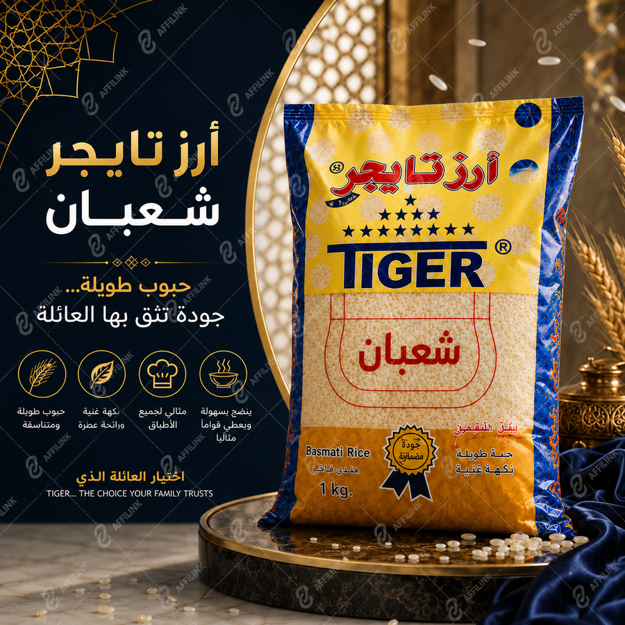 أرز تايجر شعبان البسمتي الفاخر – حبوب طويلة ونكهة أصيلة ترفع مستوى كل وجبة