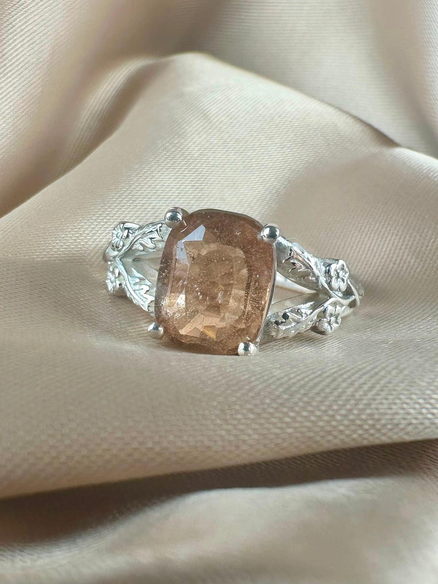 Orange Topaz 925 Silver Ring - IGI certified - Flowers Split Design 