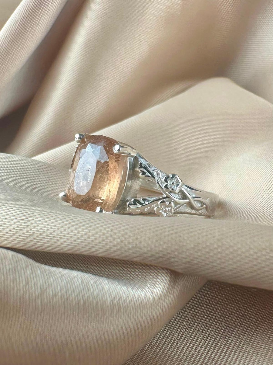Orange Topaz 925 Silver Ring - IGI certified - Flowers Split Design 