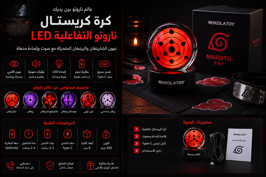 كرة كريستال ناروتو التفاعلية LED – عيون الشارينغان والرينيغان المتحركة مع مؤثرات صوتية