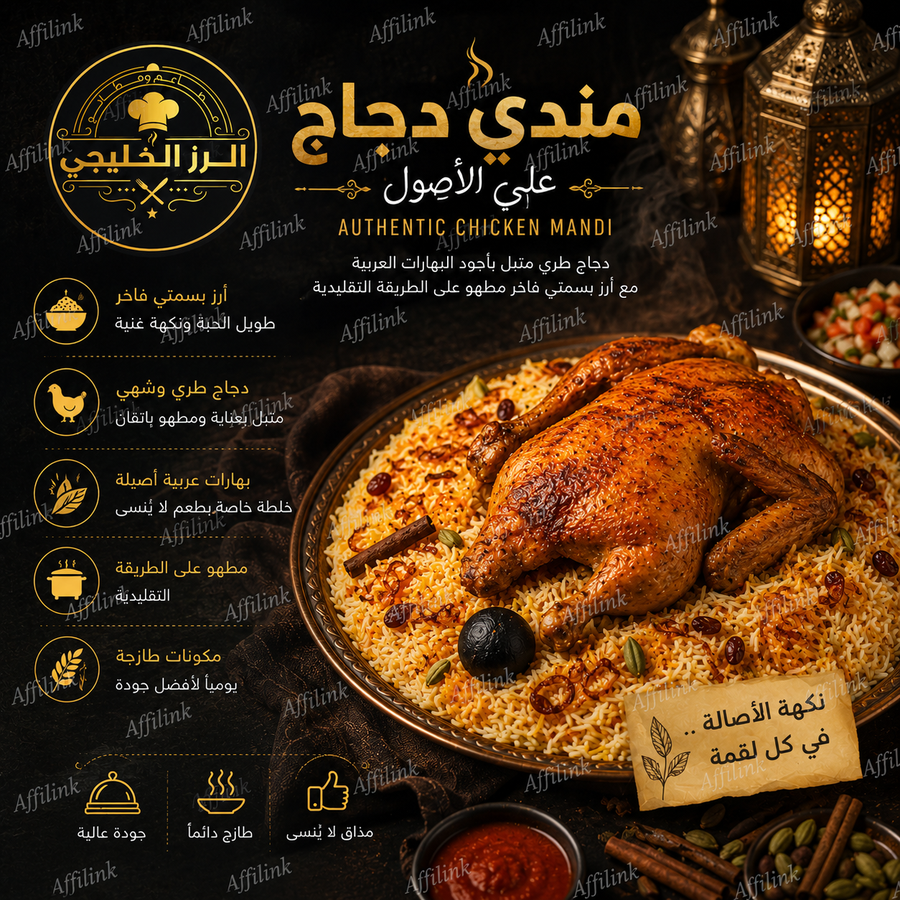 مندي الدجاج على الأصول – دجاج طري، أرز بسمتي فاخر، ونكهة خليجية لا تُقاوم
