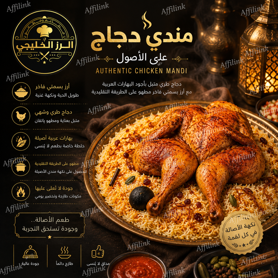 مندي الدجاج على الأصول – دجاج طري، أرز بسمتي فاخر، ونكهة خليجية لا تُقاوم