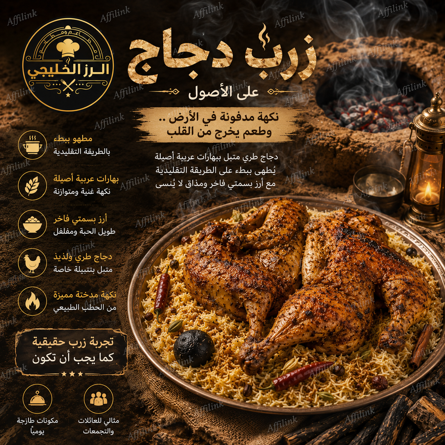 زرب الدجاج على الأصول – دجاج مطهو ببطء بنكهة مدخنة وأرز بسمتي فاخر