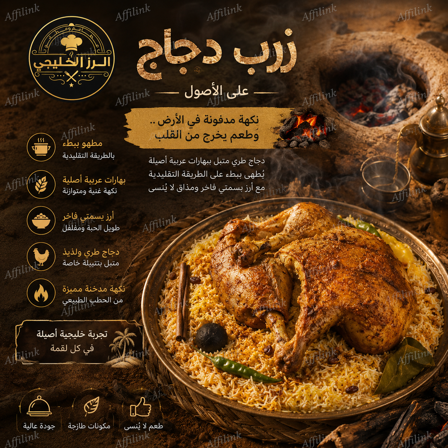 زرب الدجاج على الأصول – دجاج مطهو ببطء بنكهة مدخنة وأرز بسمتي فاخر