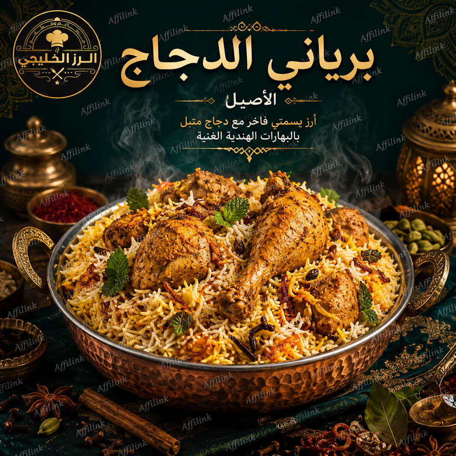 برياني الدجاج الملكي – دجاج طري، أرز بسمتي فاخر، وبهارات هندية أصيلة في كل لقمة