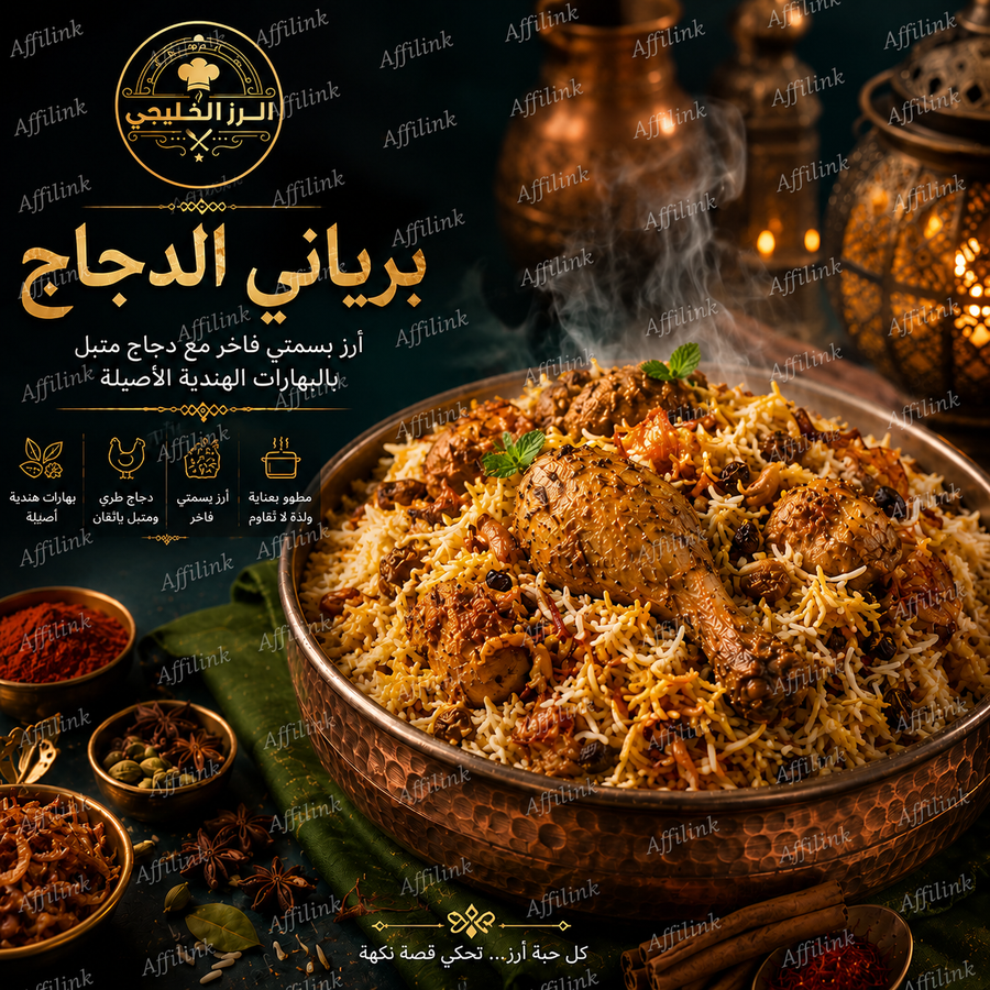 برياني الدجاج الملكي – دجاج طري، أرز بسمتي فاخر، وبهارات هندية أصيلة في كل لقمة