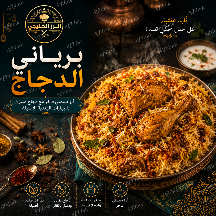برياني الدجاج الملكي – دجاج طري، أرز بسمتي فاخر، وبهارات هندية أصيلة في كل لقمة