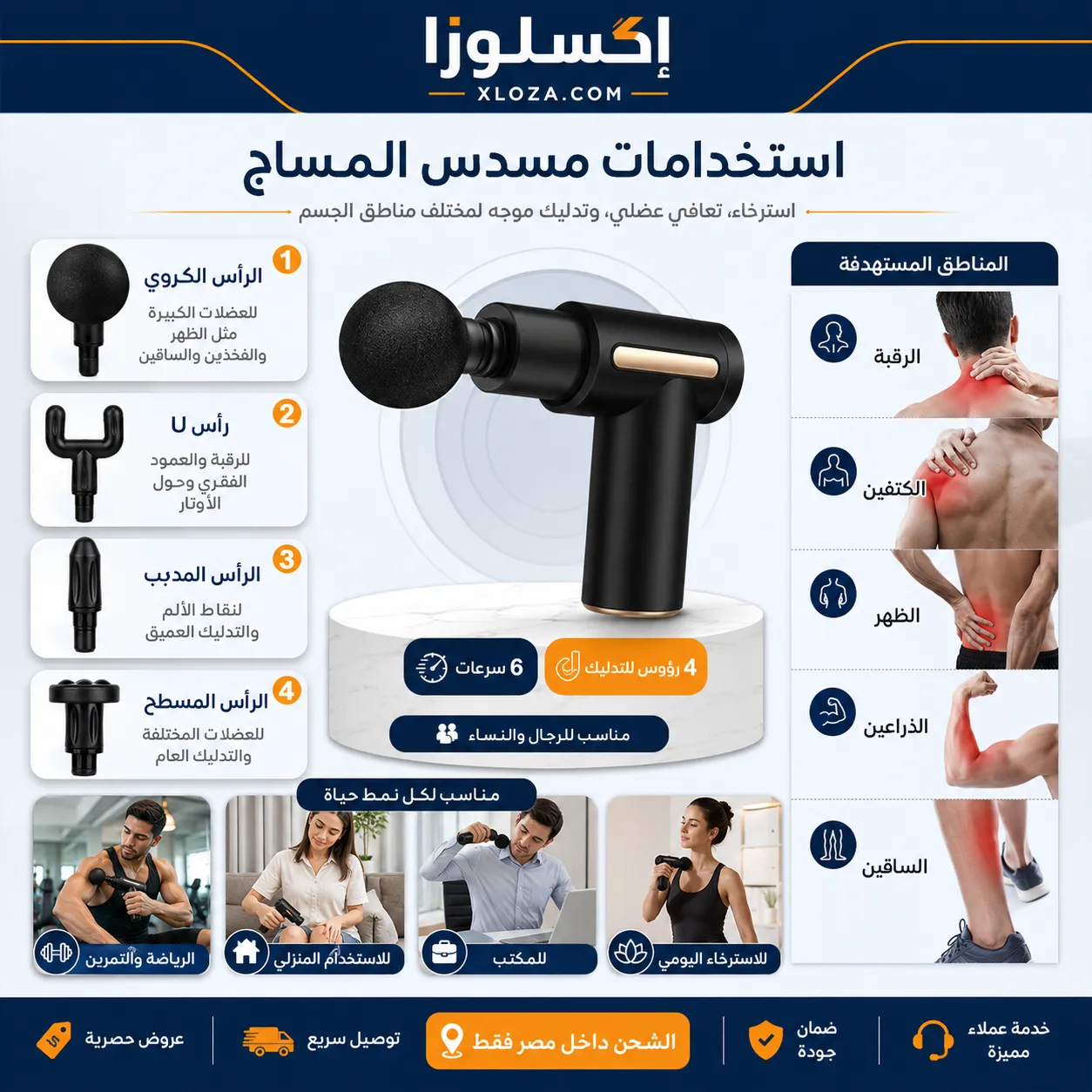 مسدس مساج محمول 6 سرعات مع 4 رؤوس وايرليس  | XLOZA