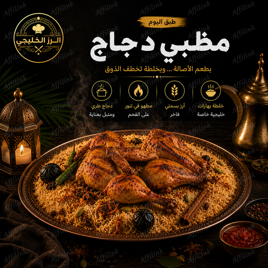 مظبي الدجاج الخليجي – نكهة الشواء الأصيل مع أرز بسمتي فاخر