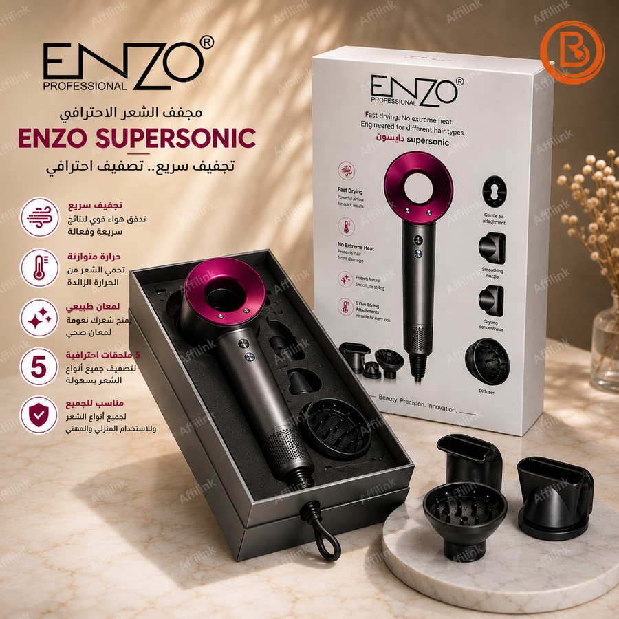 مجفف الشعر الاحترافي ENZO Supersonic سريع التجفيف مع 5 ملحقات للتصفيف