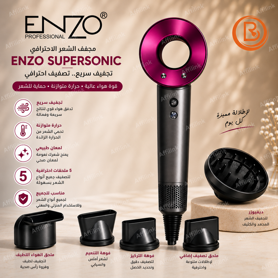 مجفف الشعر الاحترافي ENZO Supersonic سريع التجفيف مع 5 ملحقات للتصفيف