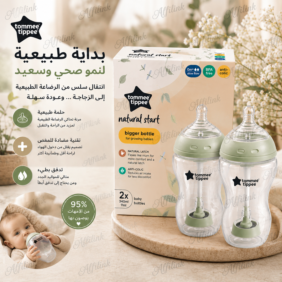 مجموعة رضاعة Tommee Tippee Natural Start (2 حبة) – سعة كبيرة للمواليد 0+