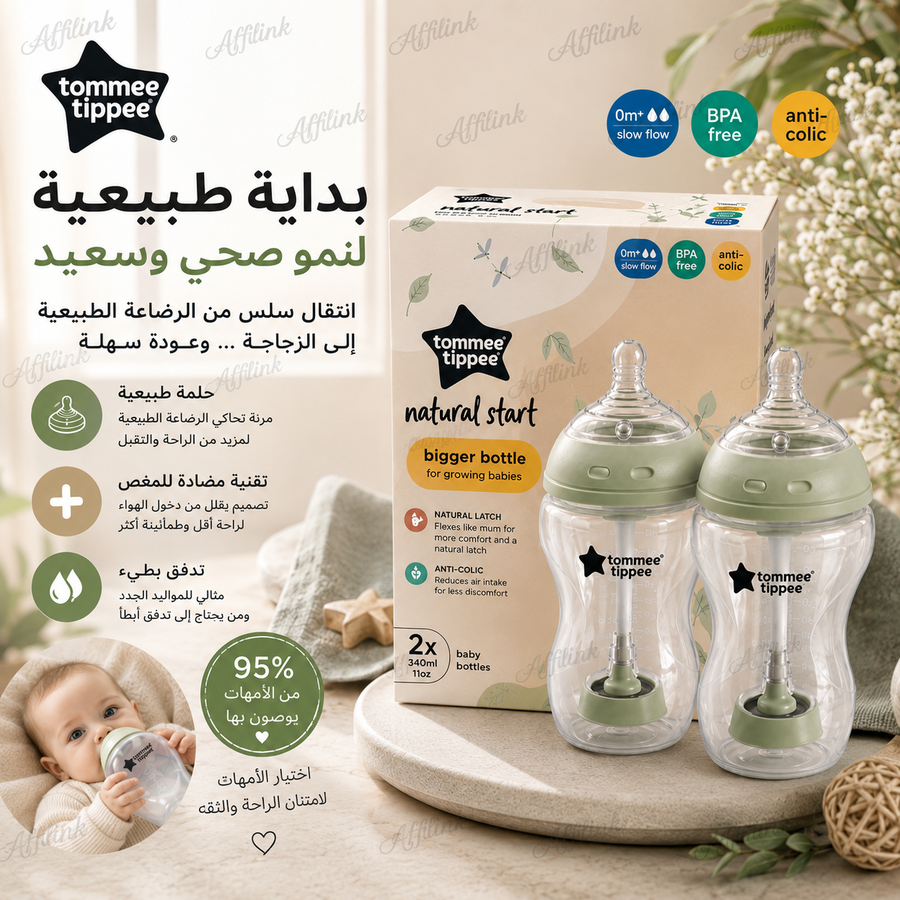 مجموعة رضاعة Tommee Tippee Natural Start (2 حبة) – سعة كبيرة للمواليد 0+