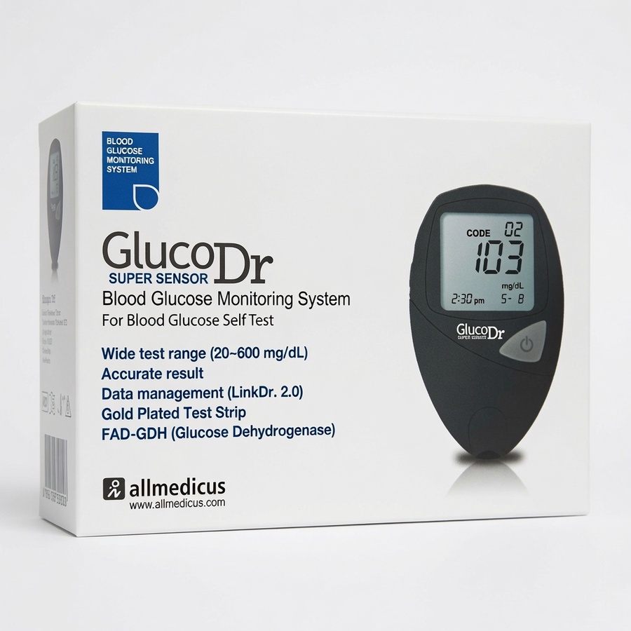جهاز قياس السكر Gluco Dr Super Sensor الكوري + 25 شريط هدية