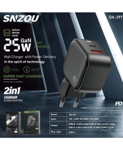 Snzou Super fast Charger 25W Dual Port USB-C & USB-A 25W SN-397