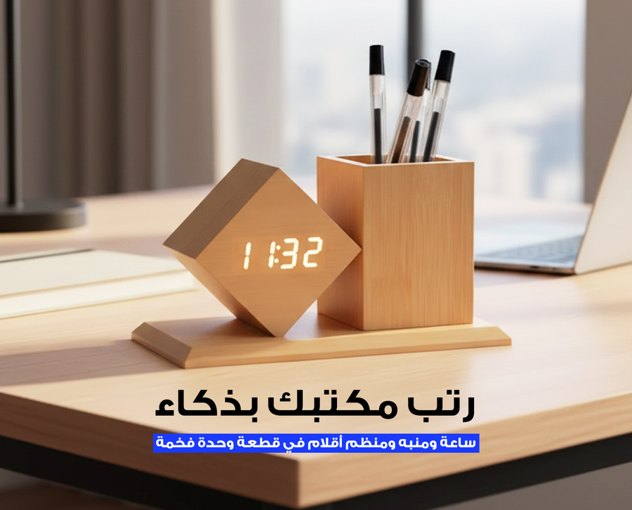 ساعة رقمية LED مع منبه وحرارة ومنظم أقلام بثلاث مستويات سطوع