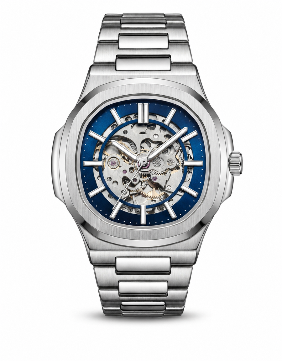 Starkon Navigator S1— Automatic Skeleton Watch | Silver | Blue Face
