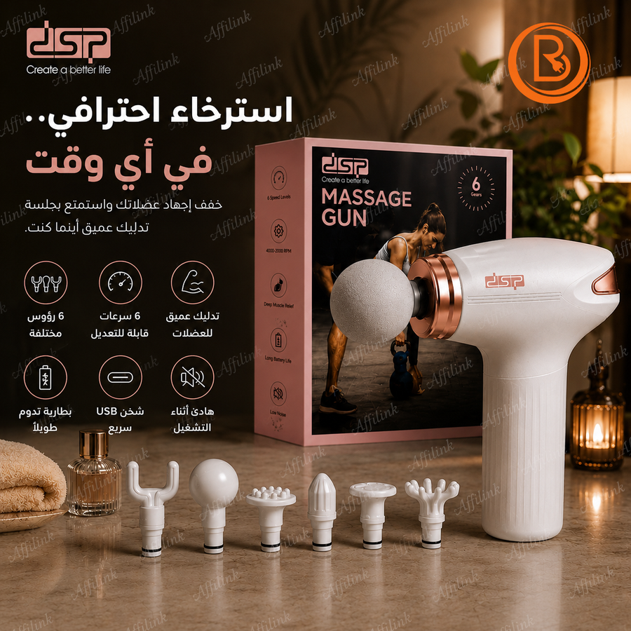 جهاز مساج العضلات اللاسلكي DSP – 6 سرعات و6 رؤوس للتدليك العميق
