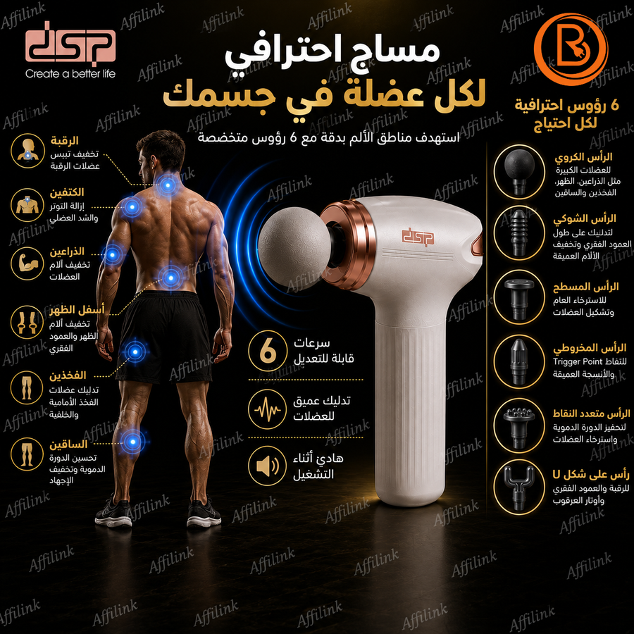 جهاز مساج العضلات اللاسلكي DSP – 6 سرعات و6 رؤوس للتدليك العميق