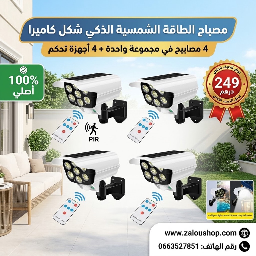 4-مصباح LED حائطية على شكل كاميرا تعمل بالطاقة الشمسية مع مستشعر حركة وجهاز تحكم