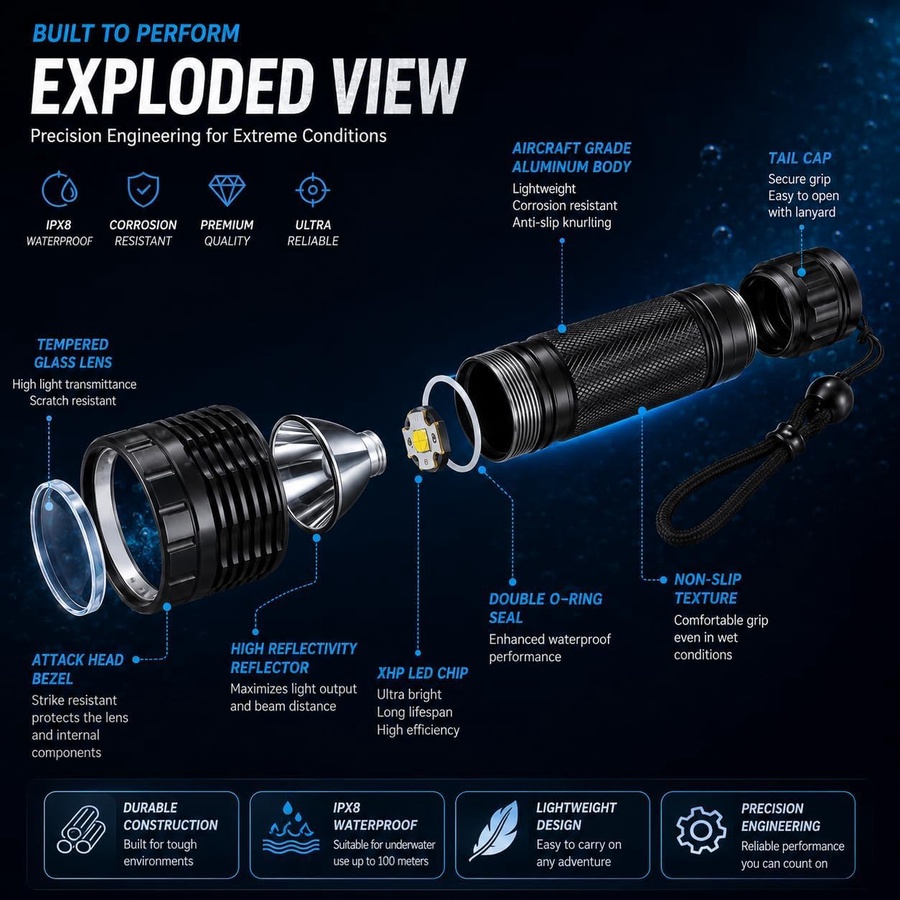 Powerful Waterproof Flashlight – Professional High-Brightness LED Light for Hiking and Emergencies|مصباح يدوي قوي مقاوم للماء – مصباح LED احترافي عالي السطوع للمشي لمسافات طويلة وحالات الطوارئ