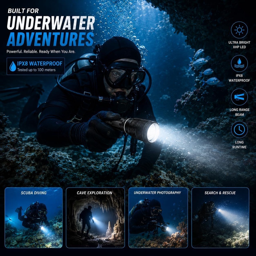 Powerful Waterproof Flashlight – Professional High-Brightness LED Light for Hiking and Emergencies|مصباح يدوي قوي مقاوم للماء – مصباح LED احترافي عالي السطوع للمشي لمسافات طويلة وحالات الطوارئ