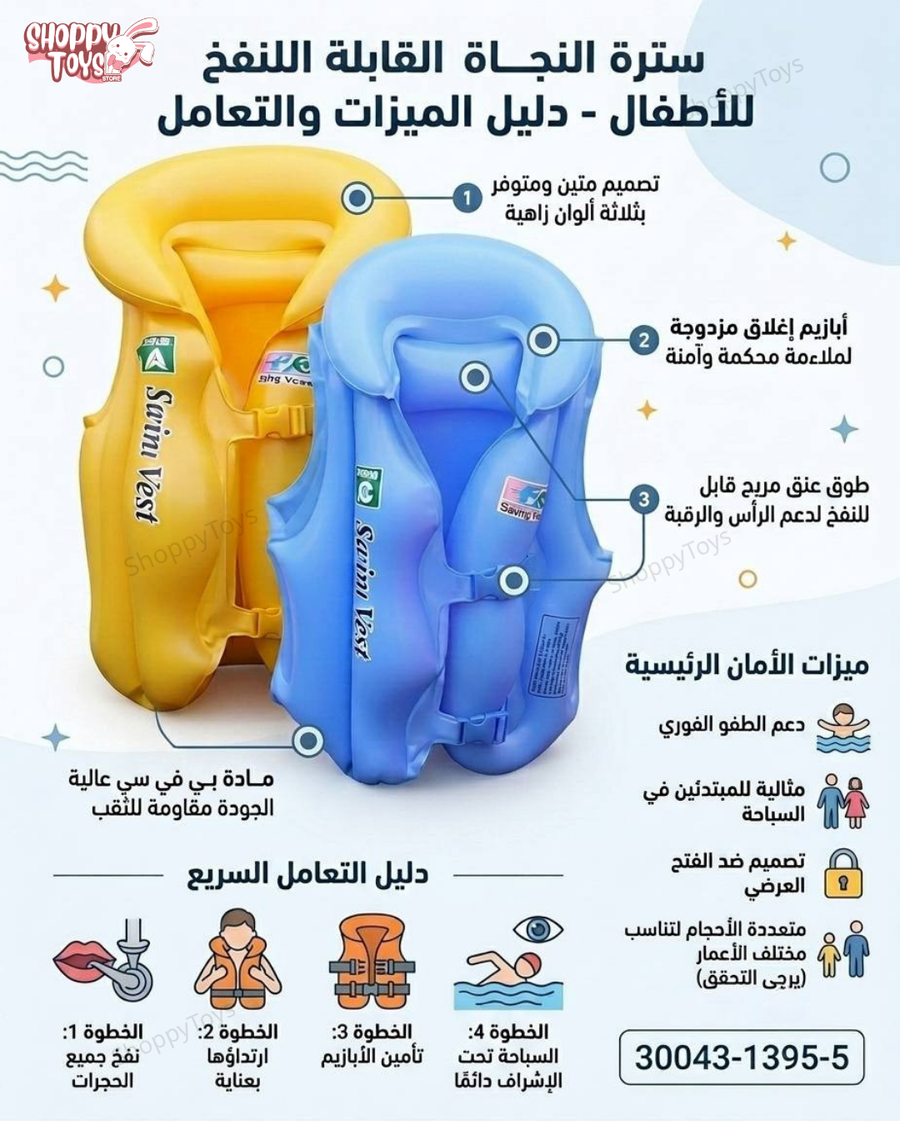 سترة السباحة (لايف جاكيت النجاة) القابلة للنفخ للأطفال - طفو فوري ودعم للرقبة (متوفرة بـ 3 ألوان)