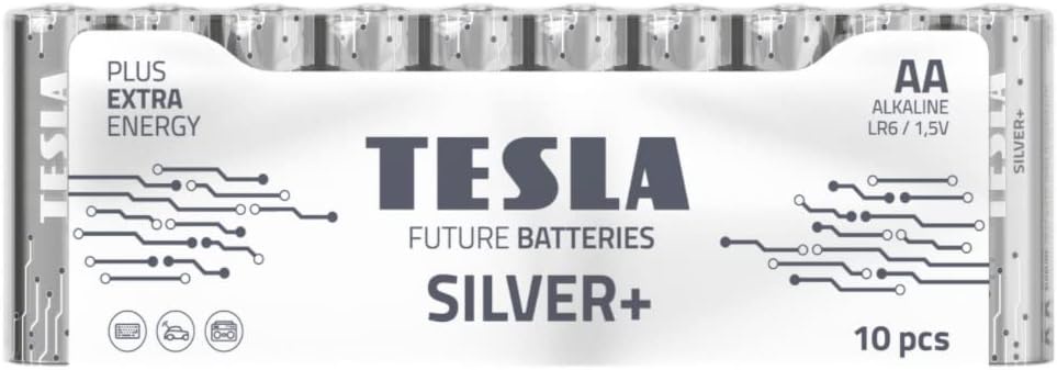 Tesla AA Battery Silver+ Alkaline - Plus Extra Energy Shrink Foil LR6/1.5V Pack of 10