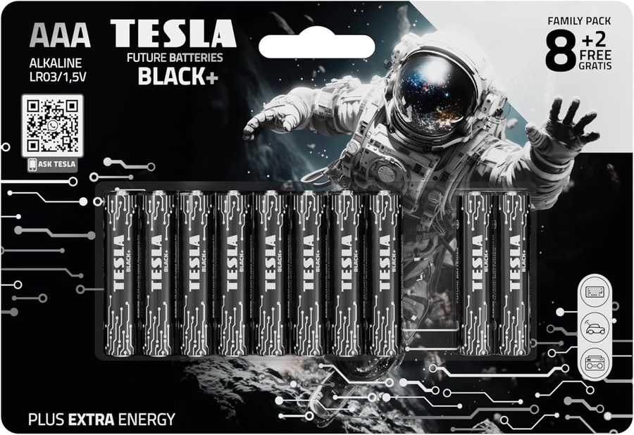 TESLA BATTERIES AAA ALKALINE LR03 / 1.5V BLACK+ SHRINK FOIL / (8 + 2 FREE)