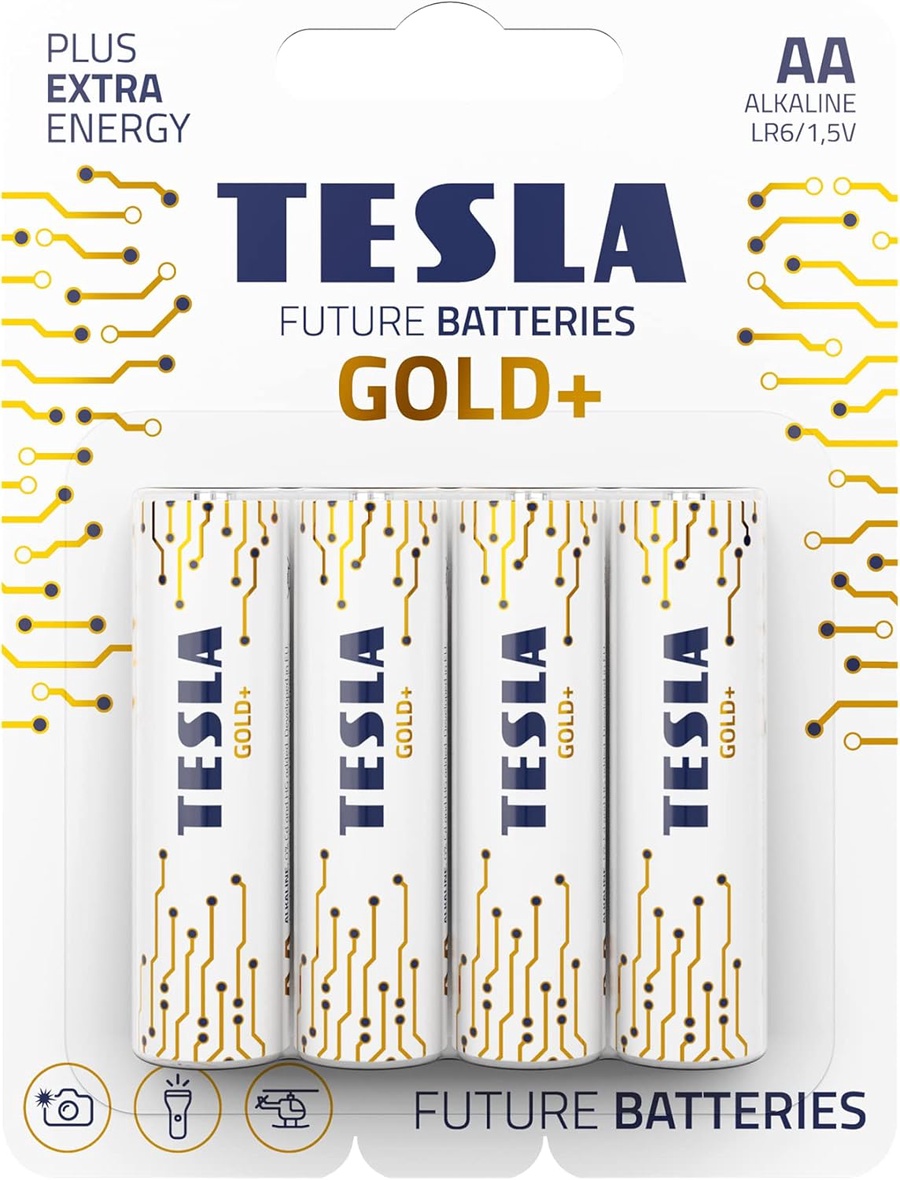 TESLA Gold Alkaline Battery AA LR6, Pencil Battery, Blister Pack of 4