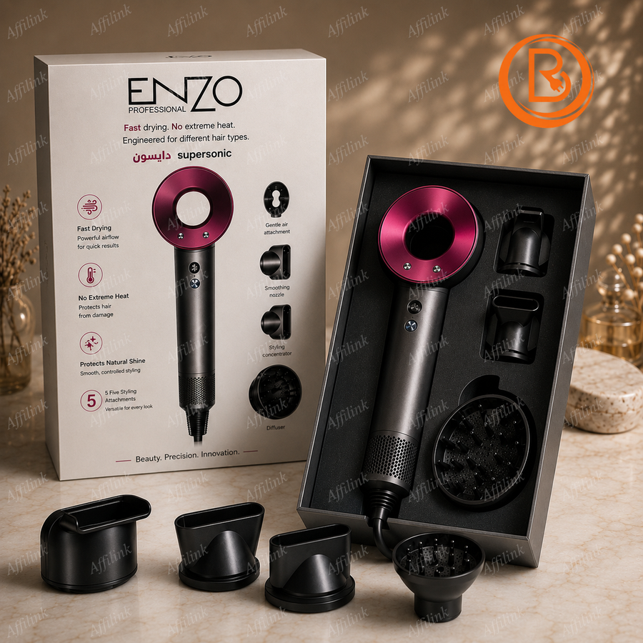 مجفف الشعر الاحترافي ENZO Supersonic سريع التجفيف مع 5 ملحقات للتصفيف
