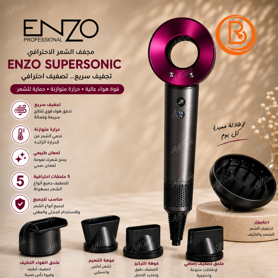 مجفف الشعر الاحترافي ENZO Supersonic سريع التجفيف مع 5 ملحقات للتصفيف