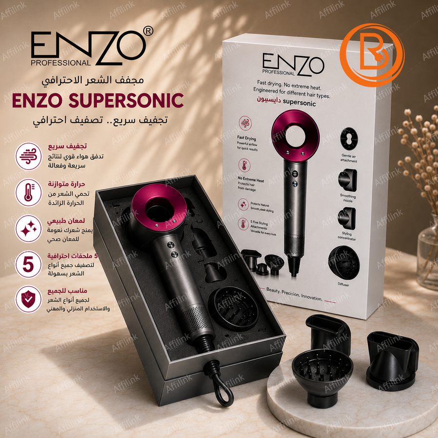 مجفف الشعر الاحترافي ENZO Supersonic سريع التجفيف مع 5 ملحقات للتصفيف