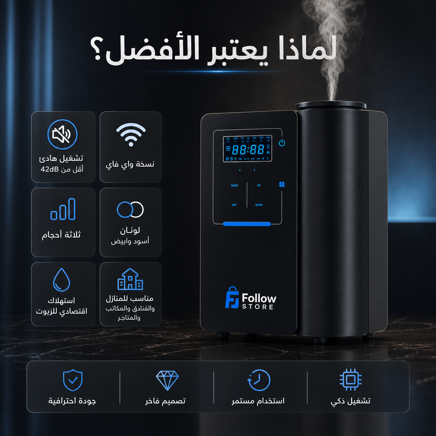 جهاز تعطير ذكي فاخر للمنازل والأعمال، تحكم واي فاي، تغطية واسعة، تشغيل هادئ، مؤقت ذكي، تصميم أنيق  للمنازل وللمكاتب والفنادق والمتاجر+ غرشة عطر مجانيه  