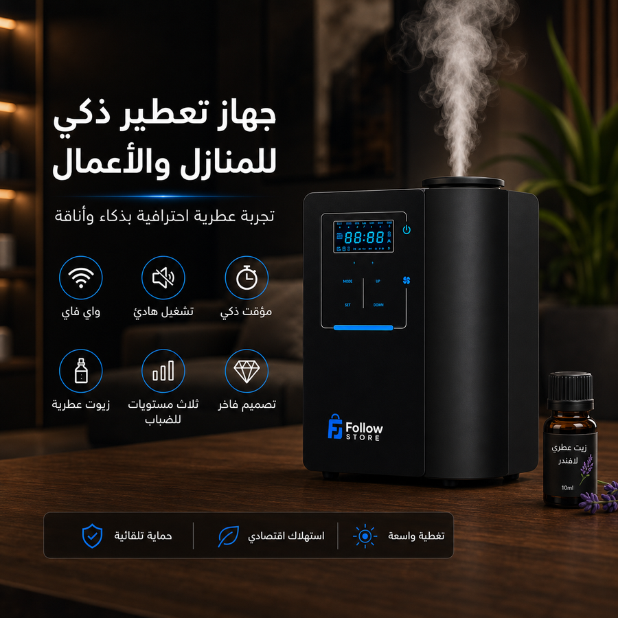جهاز تعطير ذكي فاخر للمنازل والأعمال، تحكم واي فاي، تغطية واسعة، تشغيل هادئ، مؤقت ذكي، تصميم أنيق  للمنازل وللمكاتب والفنادق والمتاجر+ غرشة عطر مجانيه  