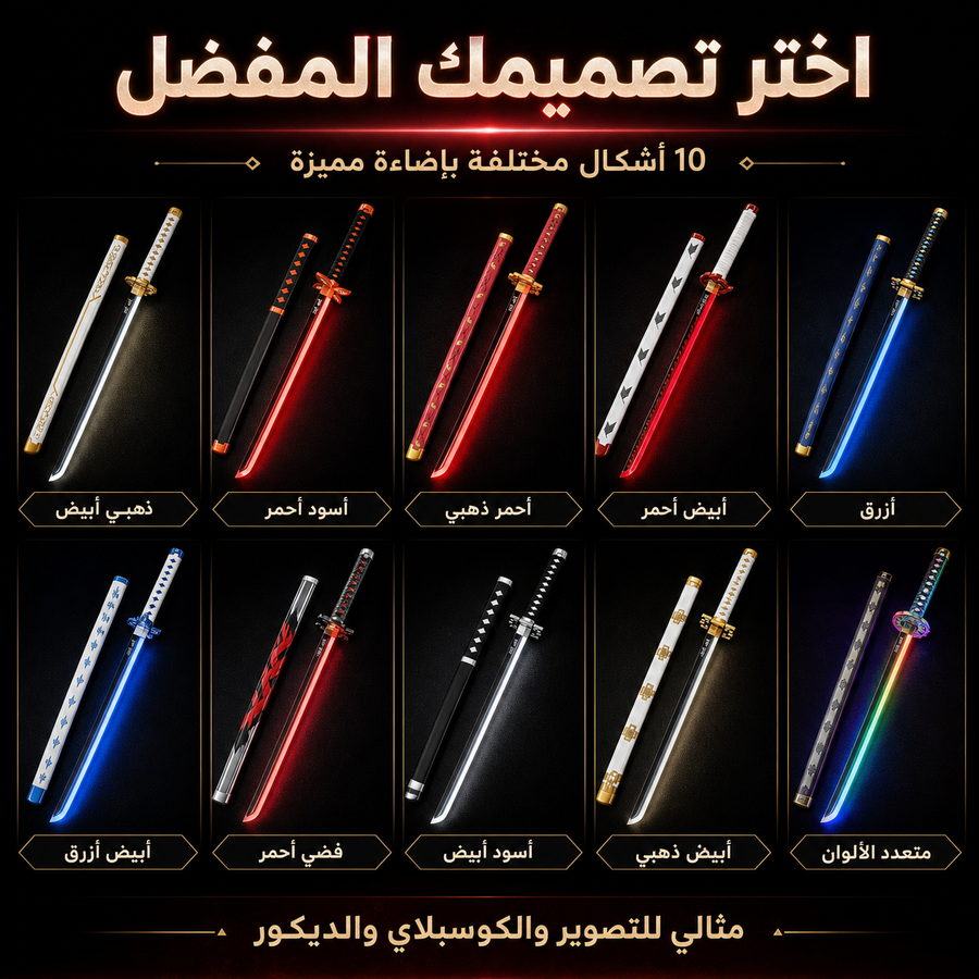 سيف ساموراي بتصميم أنمي فاخر مع إضاءة متغيرة وتأثير دخان، مثالي للتصوير، الكوسبلاي، الديكور، الهدايا والعروض. متوفر بعدة أشكال مستوحاة من شخصيات الساموراي والأنمي.